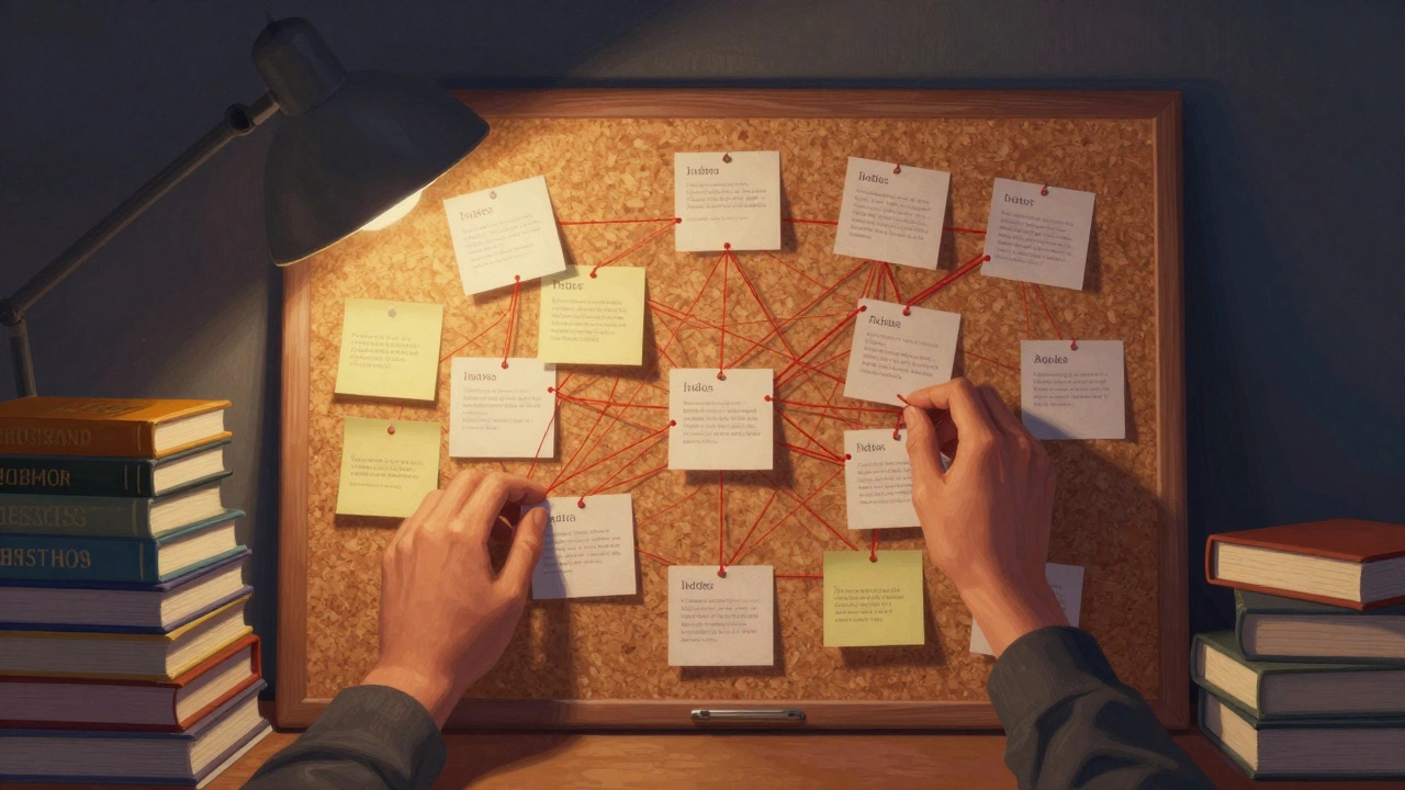 Student mapping research connections on a corkboard