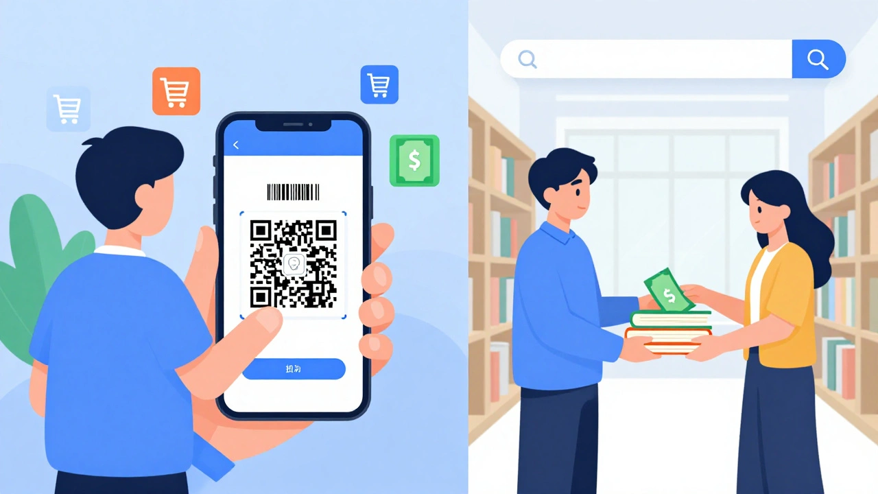 Student scanning book barcode on phone and meeting peer to trade books in library.
