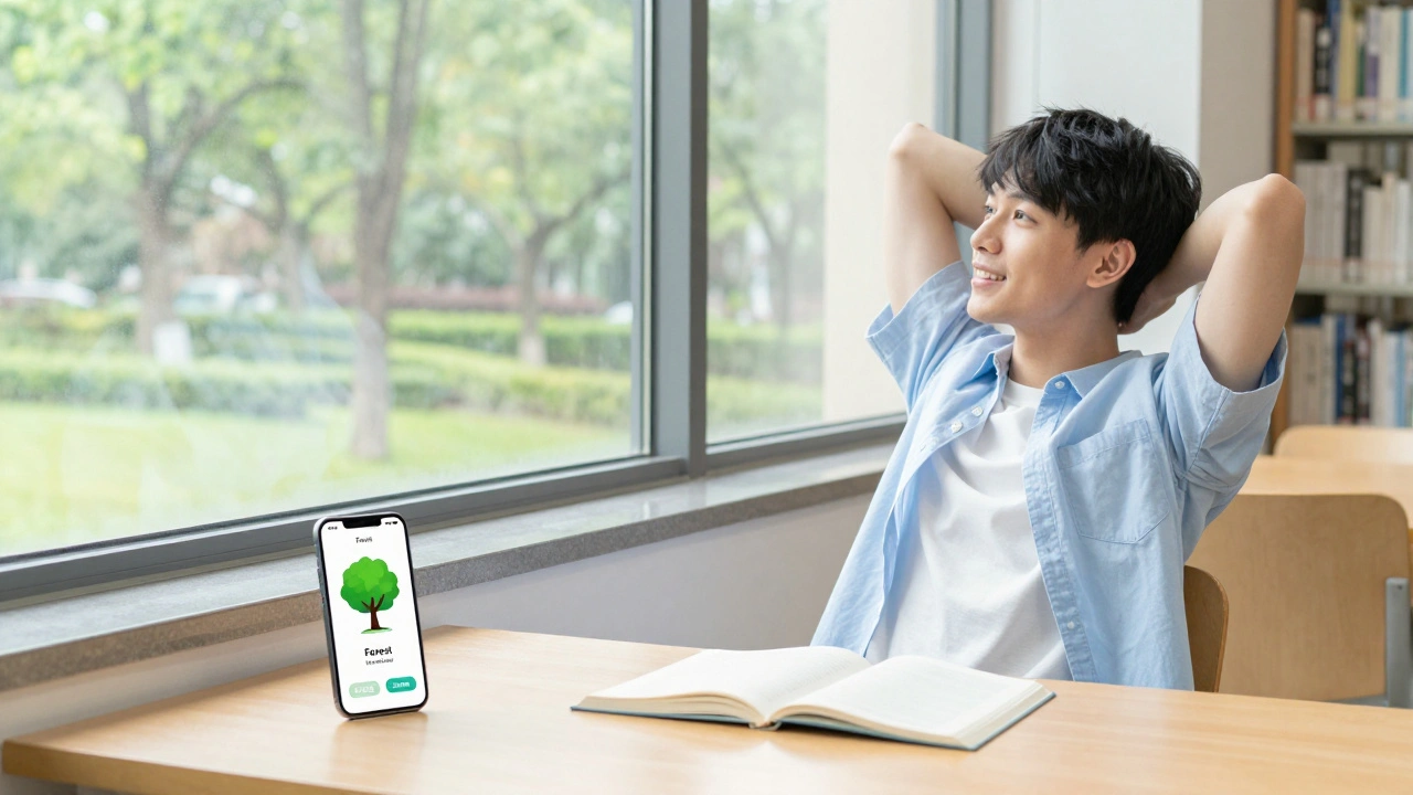 Student taking a healthy break in a bright library