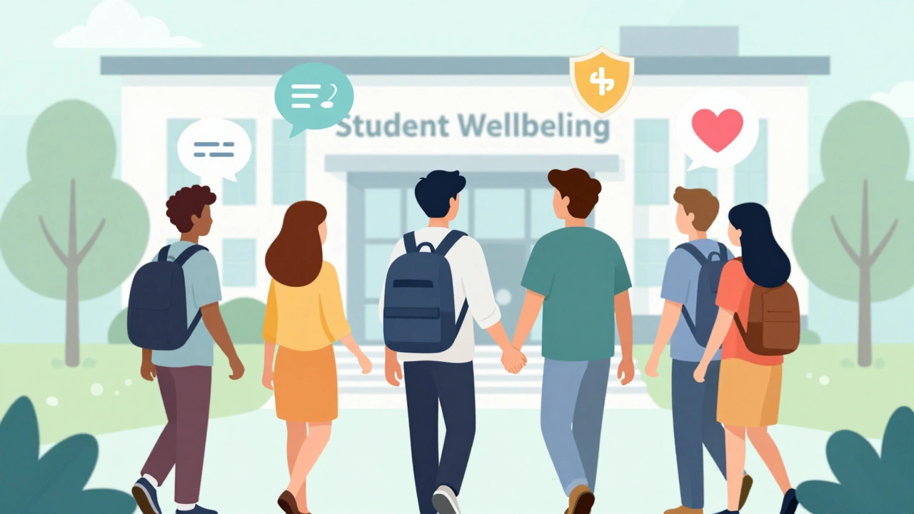 Students accessing campus mental health resources together.