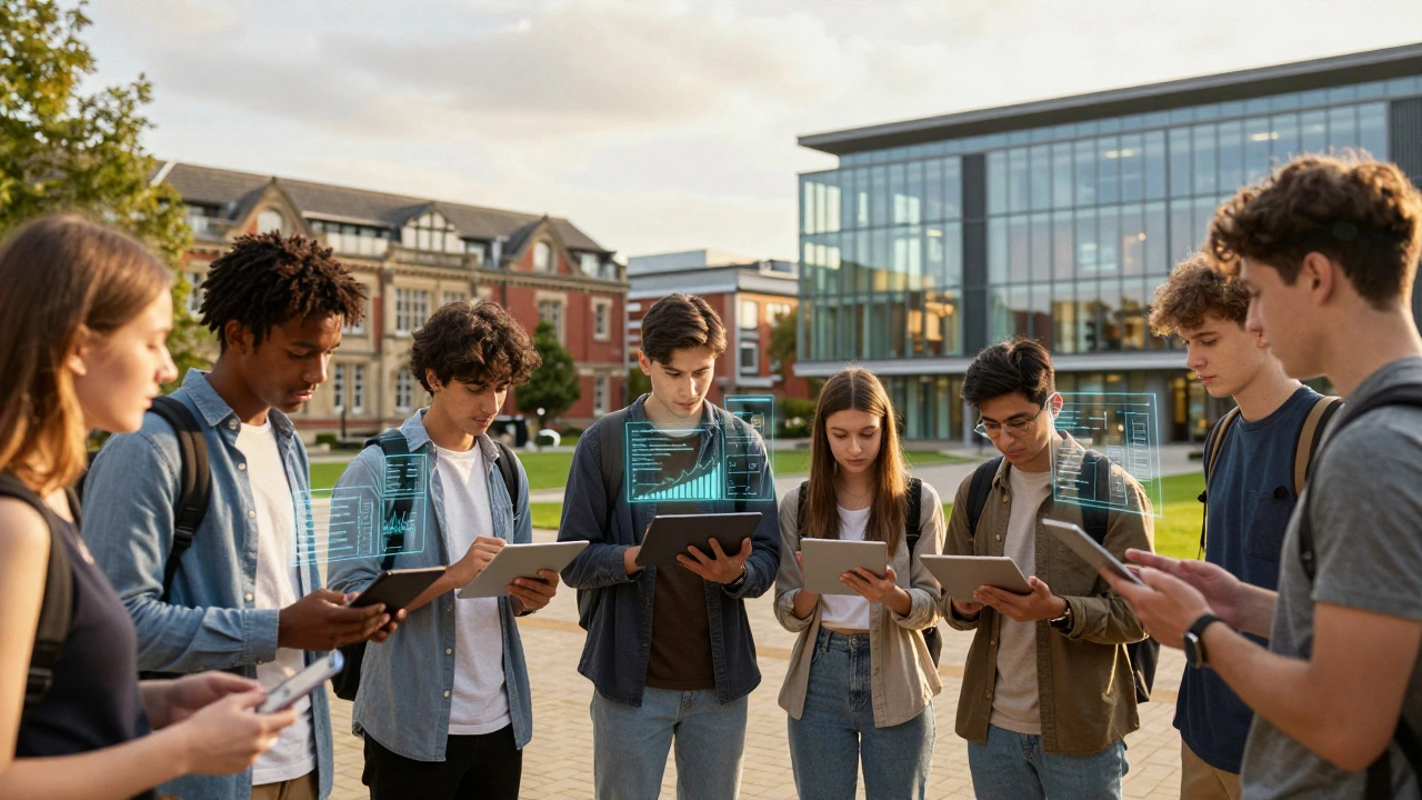 Students analyzing survey data on campus with AR projections