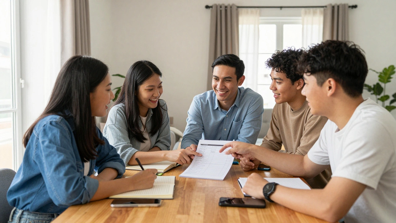 Students collaborating at table with checklist in sunlit living room