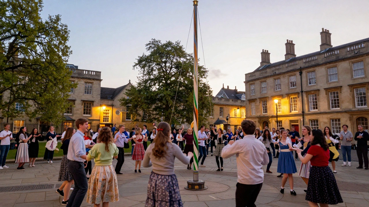 Students dancing around a maypole at Oxford's May Day celebration in spring