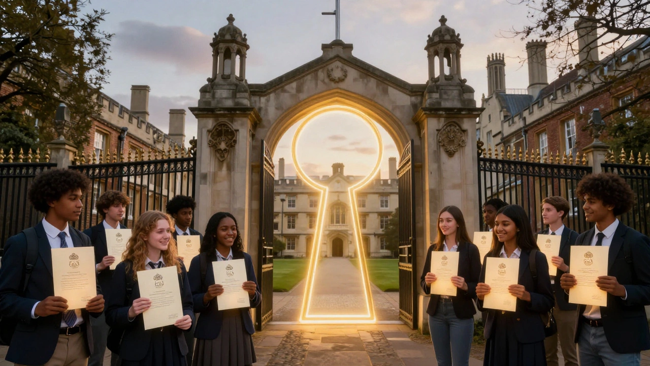 Students holding glowing acceptance letters near campus gate