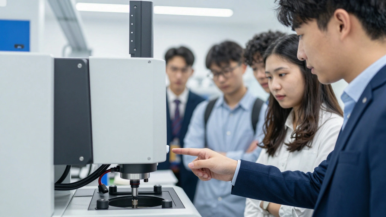 Students inspecting modern lab equipment with tutor during campus tour