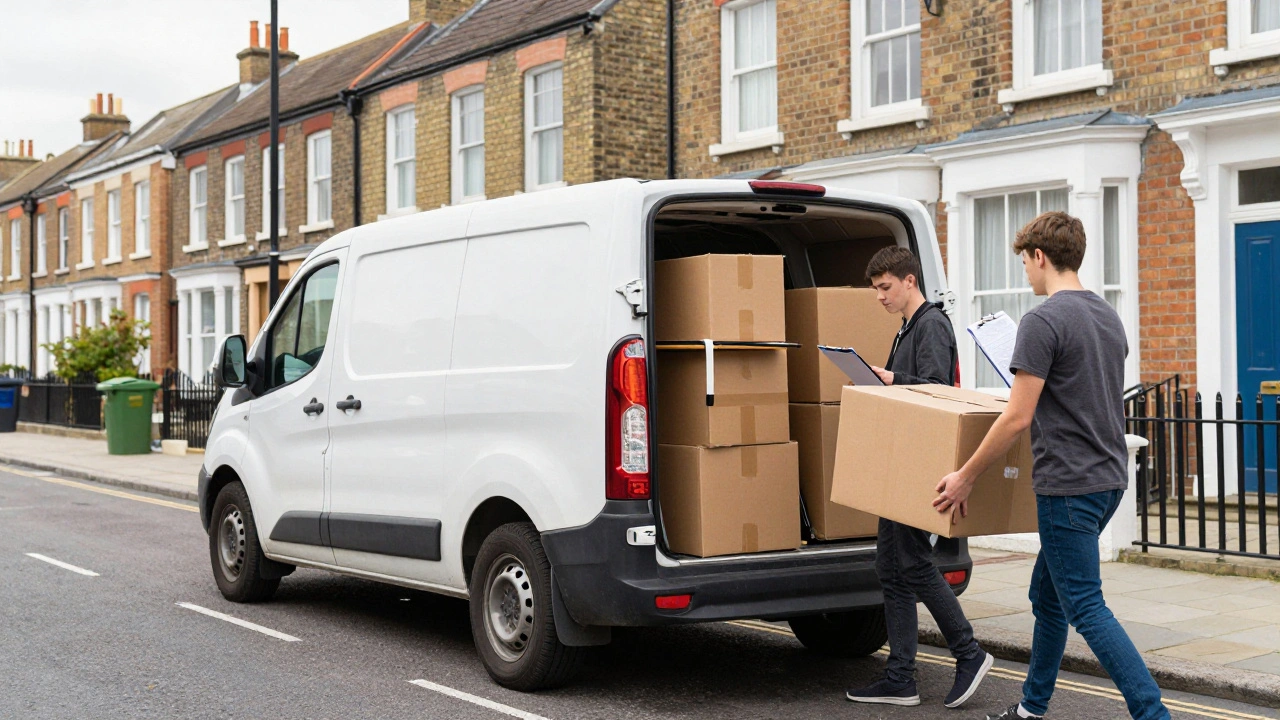 Students loading boxes and furniture into a rental van on a UK residential street.