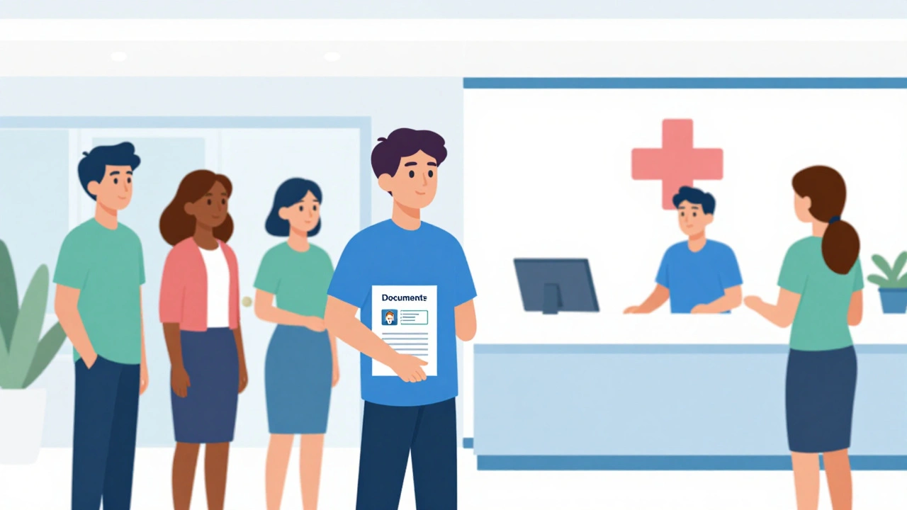 Students registering with a friendly GP receptionist at a modern clinic