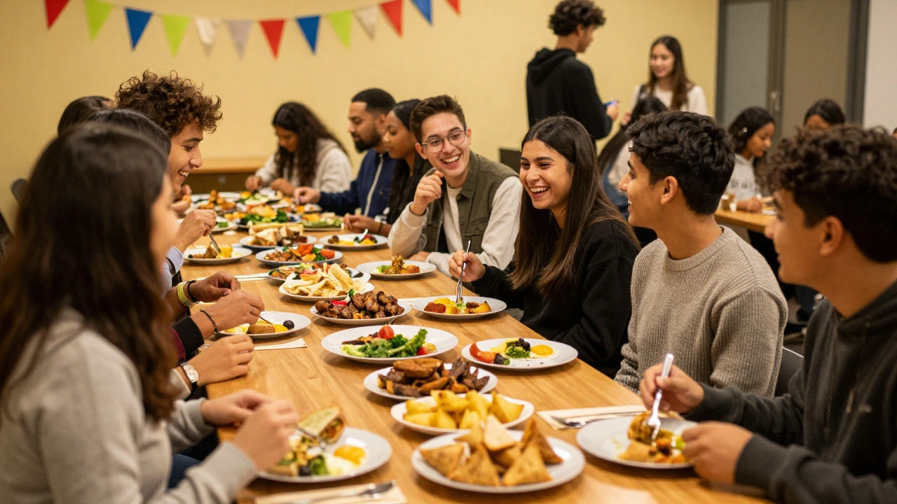 Students sharing food and laughing at an interfaith society event in a common room.