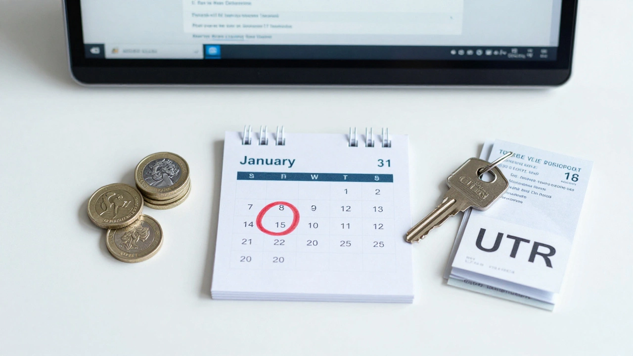 Top-down view of UK tax filing symbols including calendar and coins