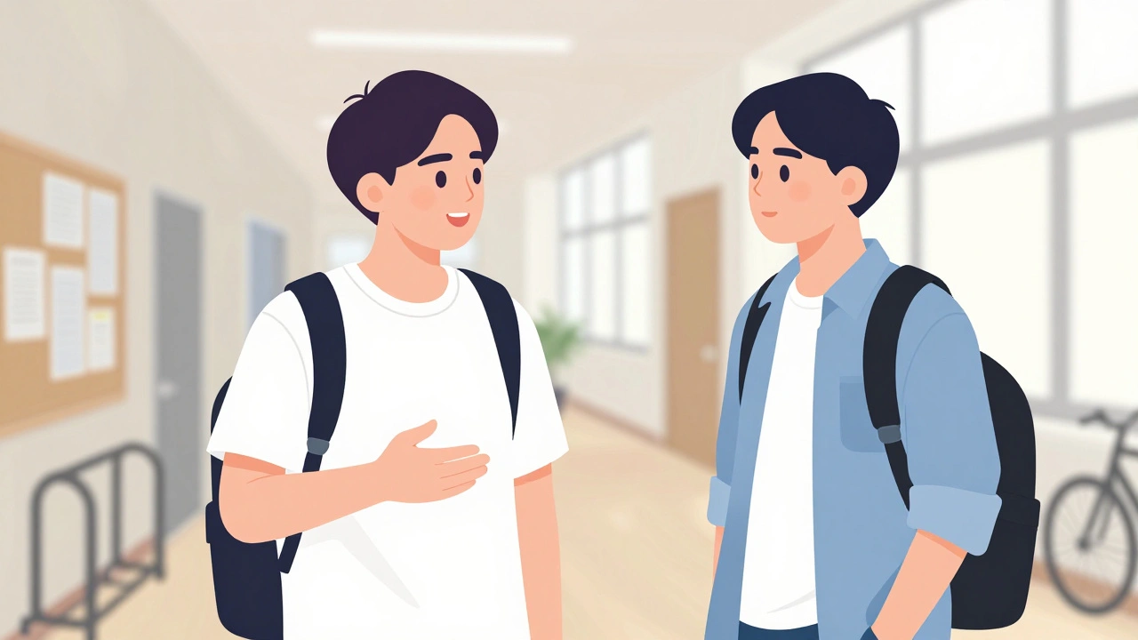 Two students having a calm, polite conversation in a sunny hallway