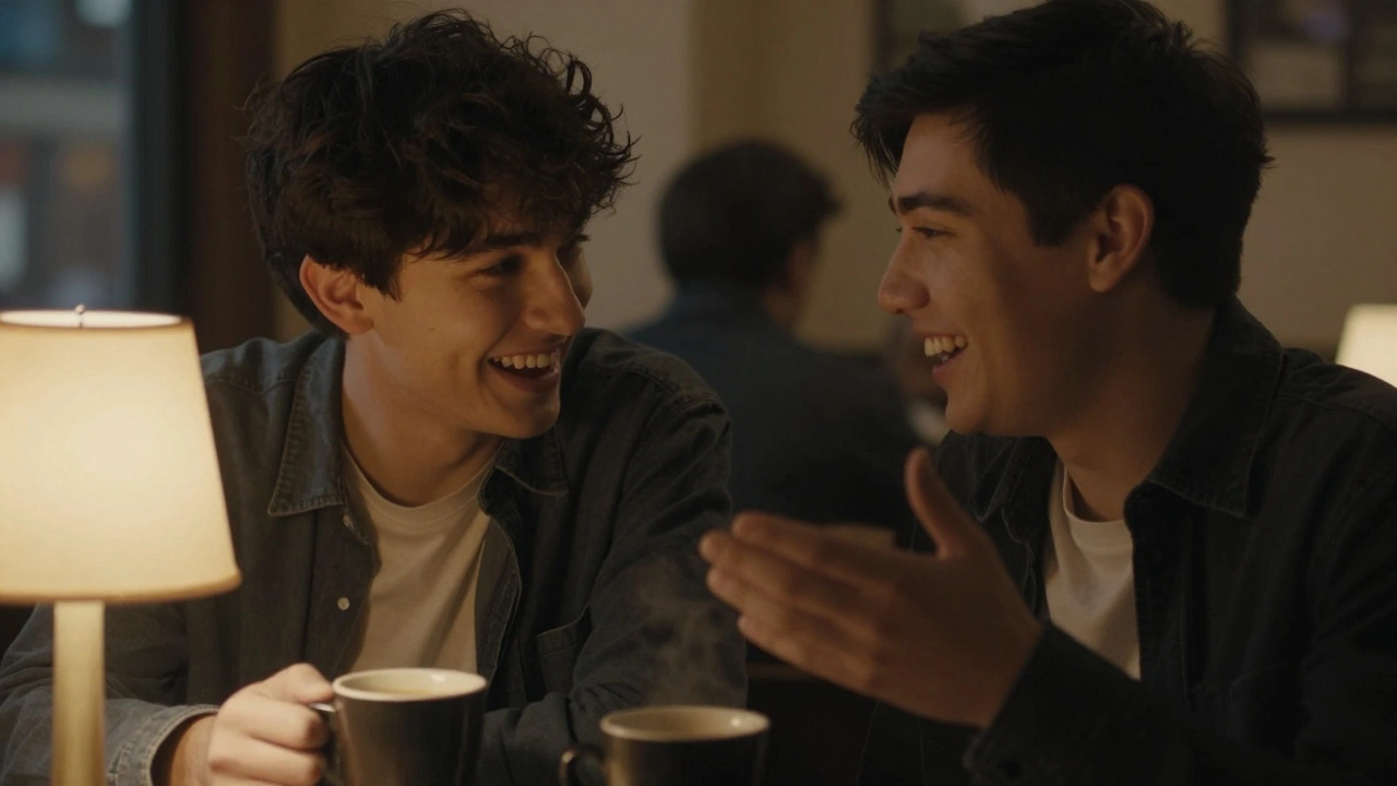 Two students laughing together over coffee in a warm, cozy cafe setting.