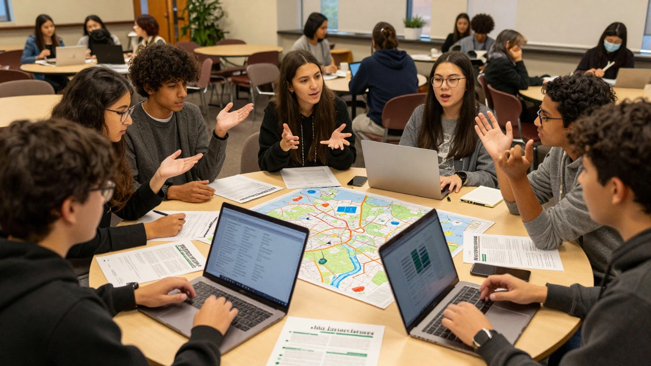 University students collaborating on environmental policy plans at a table