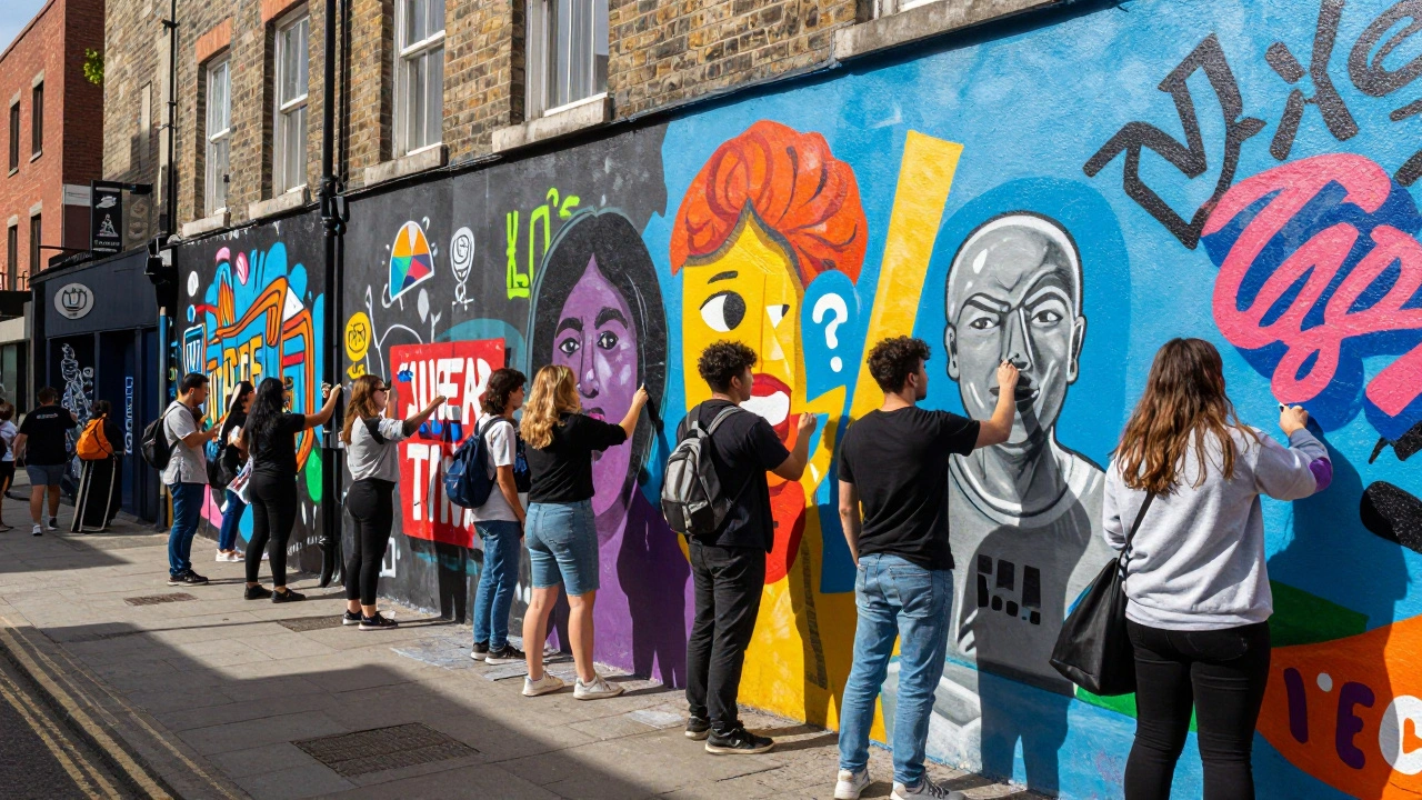 University students painting colorful street art murals in Bristol