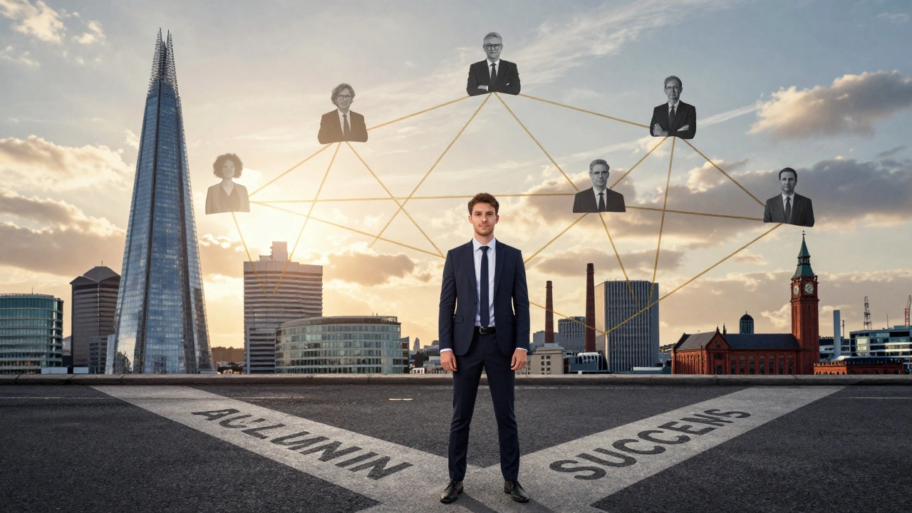 Young professional connected by golden threads to mentors in a cityscape