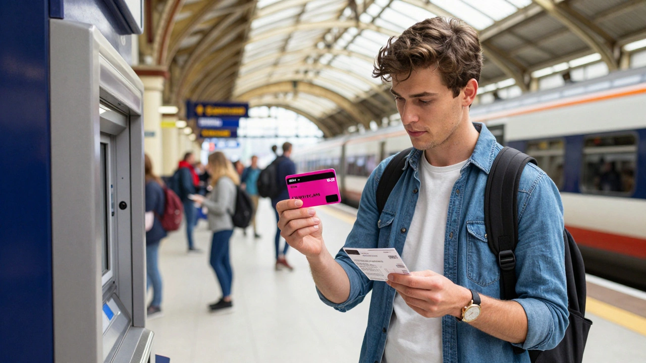 Young traveler holding 16-25 Railcard and train ticket at UK station