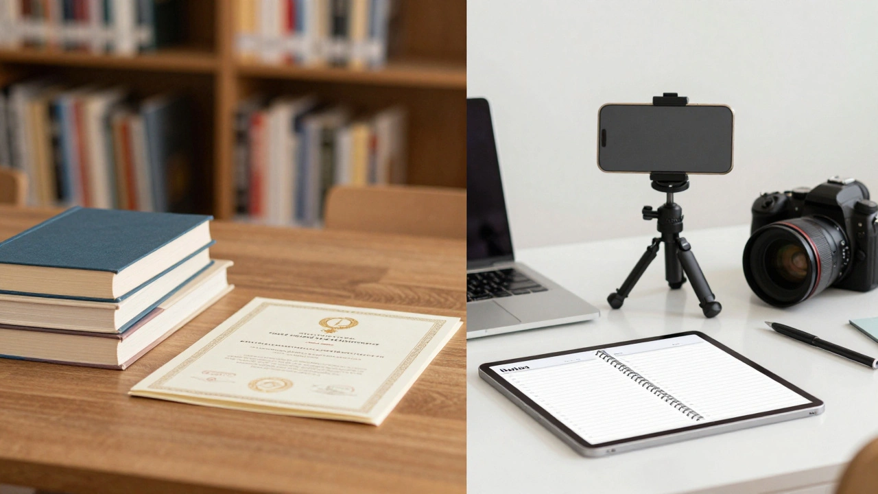 Balanced workspace with study books and camera gear