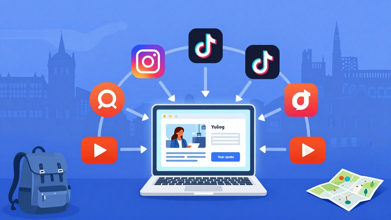 Graphic showing blog as hub connected to social media