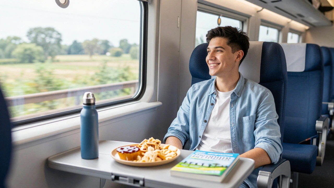 Happy student eating snacks on board a sunny Eurostar train