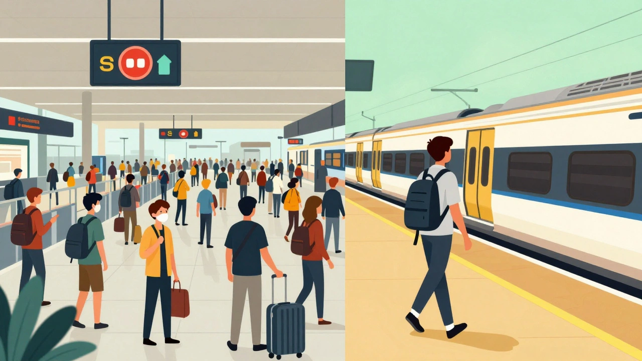 Illustration comparing stressful airport travel vs easy train travel