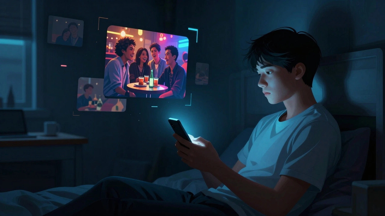 Student isolated by smartphone glow seeing friends online