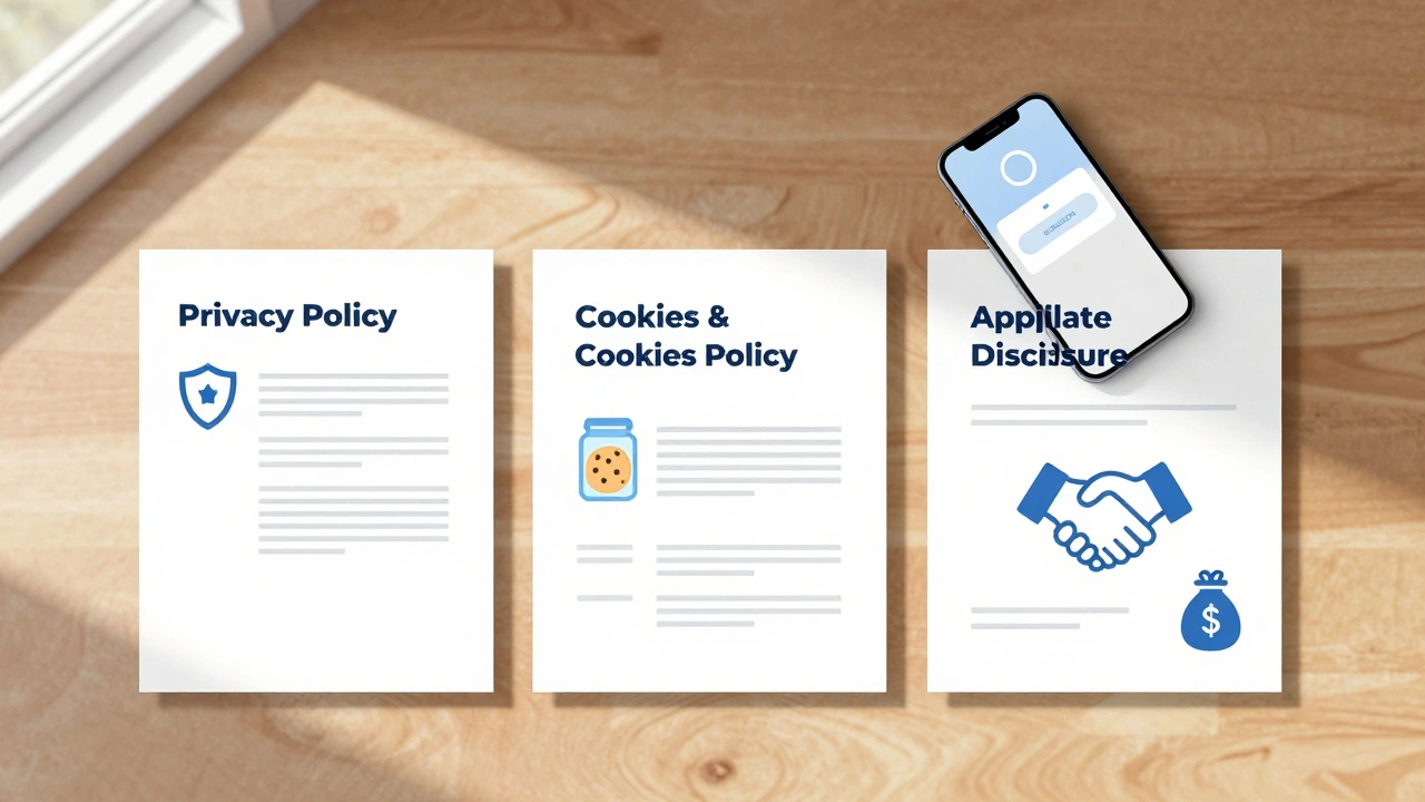 Three policy documents on a desk with symbolic icons