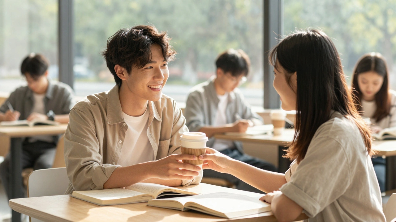 Two students sharing coffee and connecting in a library