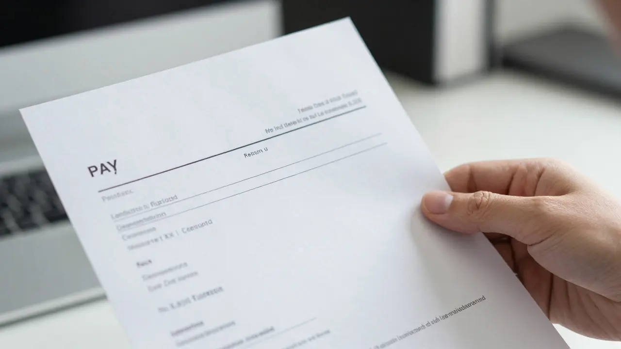 A close-up of a hand holding a payslip for review on a desk
