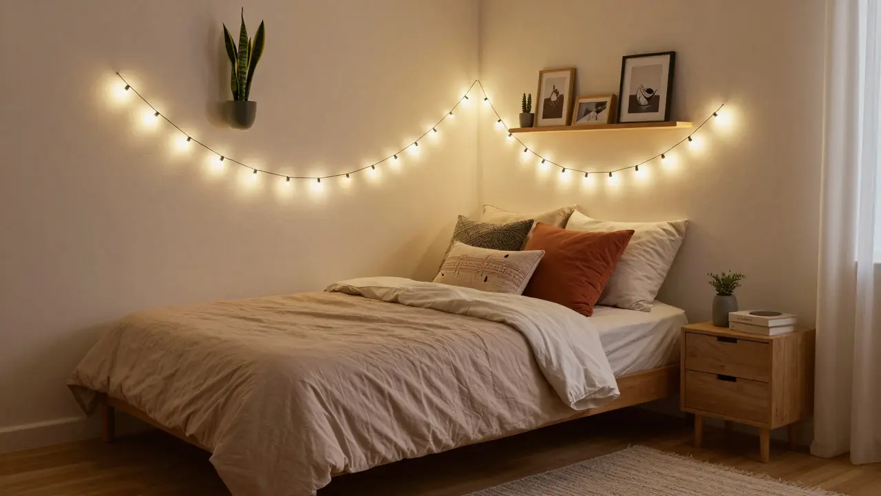 A cozy student bed with string lights, plants, and comfortable bedding