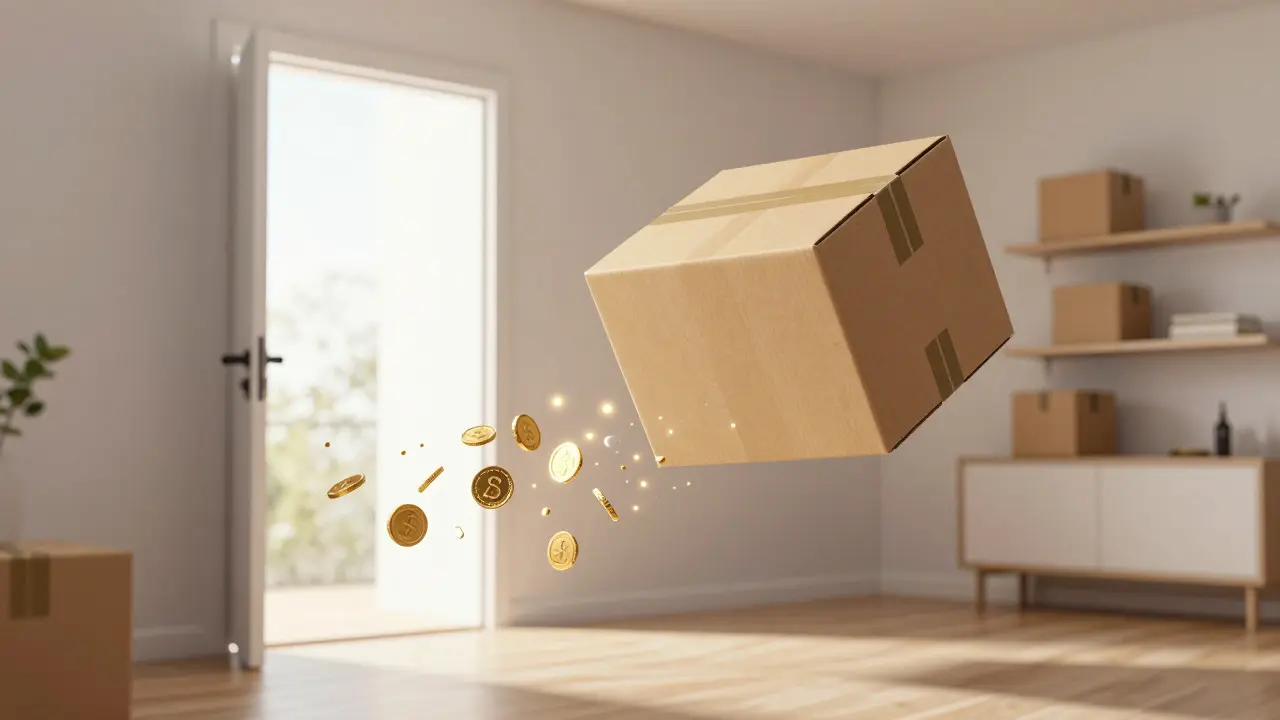 A floating delivery box turning into gold coins entering a modern flat