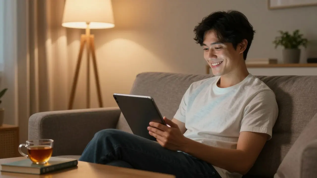 A happy student relaxing on a sofa using a tablet in a cozy room