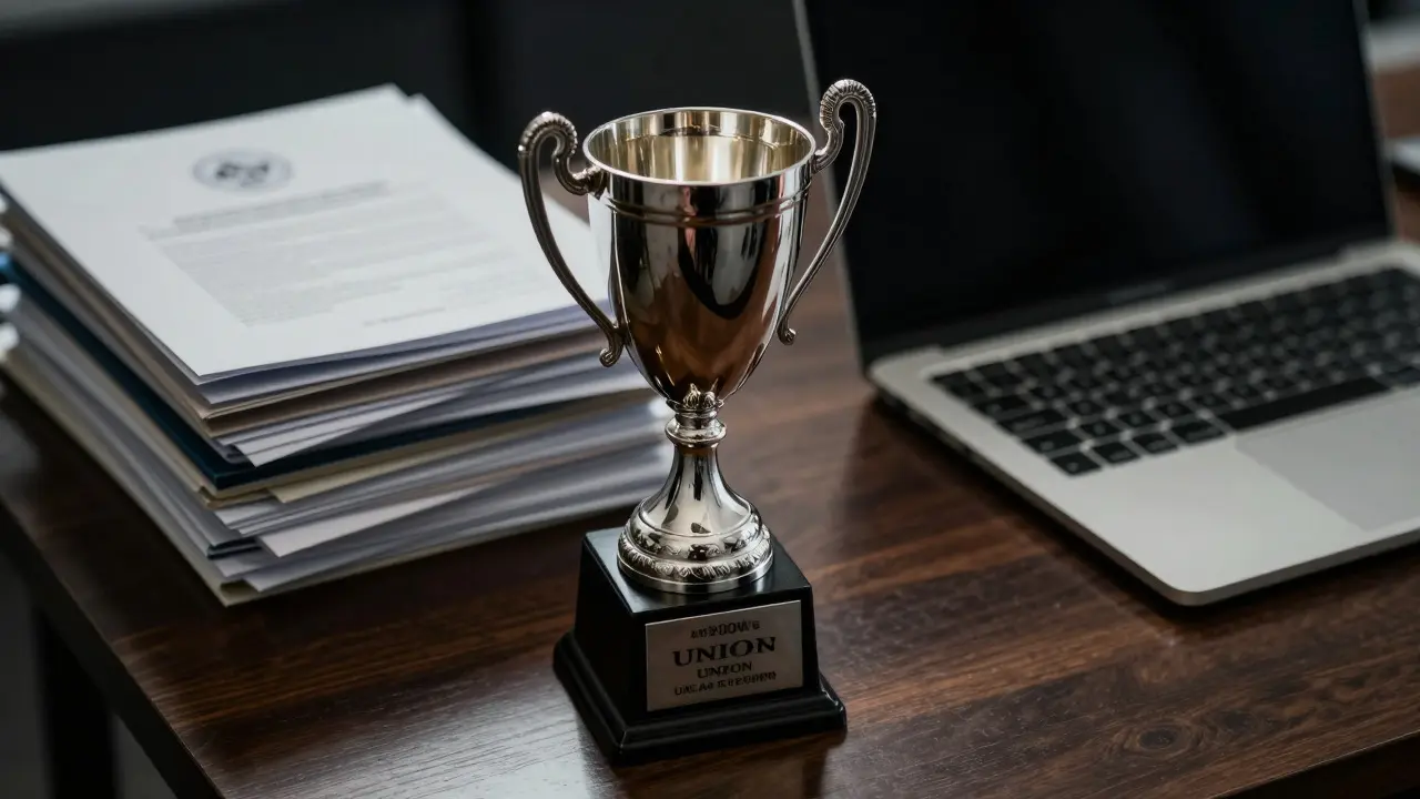 A silver trophy on a desk next to organized files