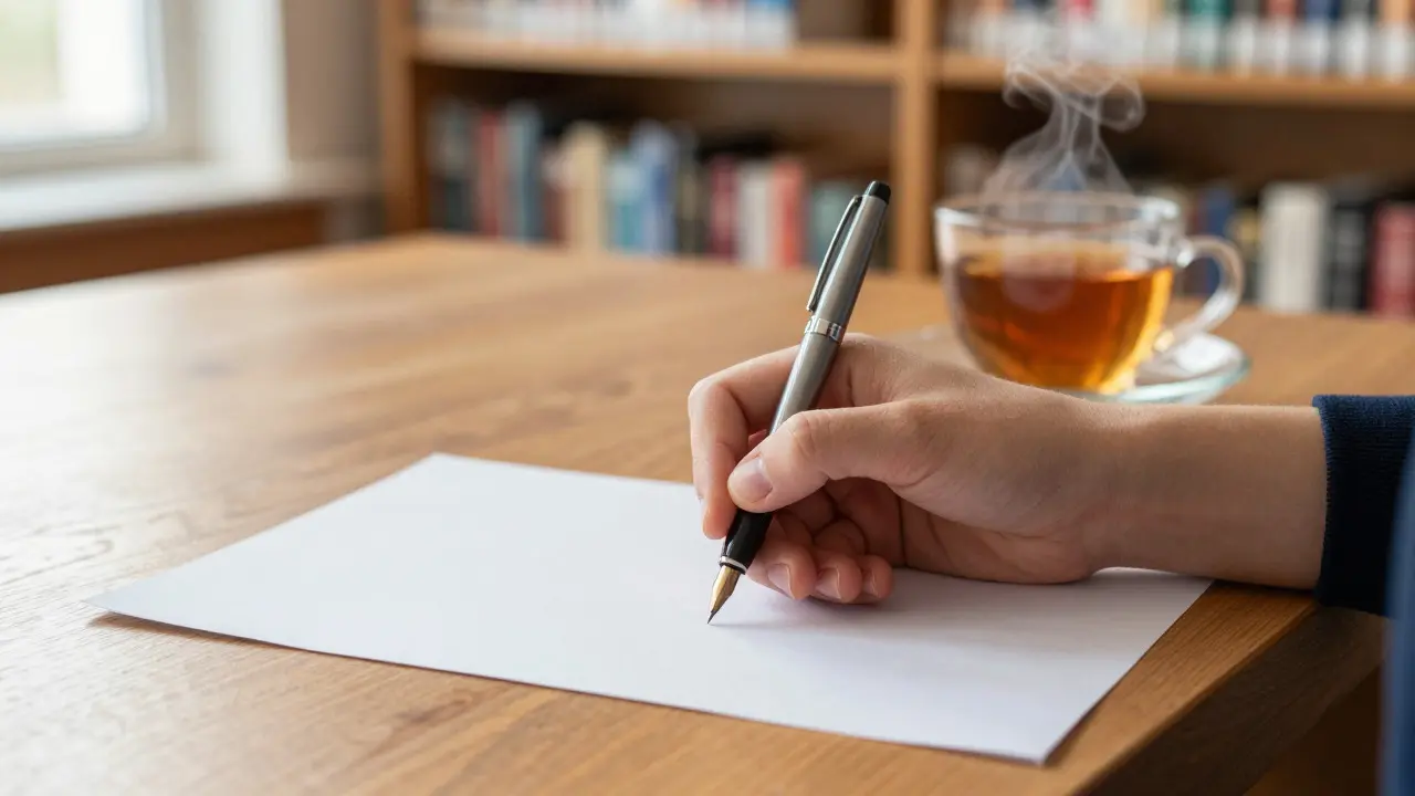 A student's hand holding a pen over paper in a quiet library setting