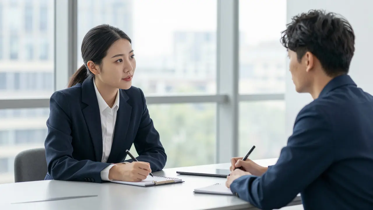 A student and career coach having a focused discussion in a modern office