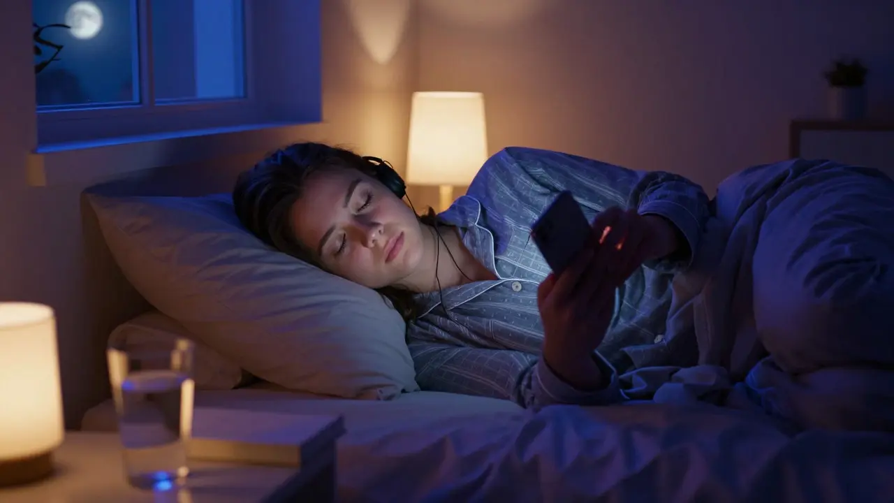 A student relaxing in bed at night, listening to a sleep story on a phone