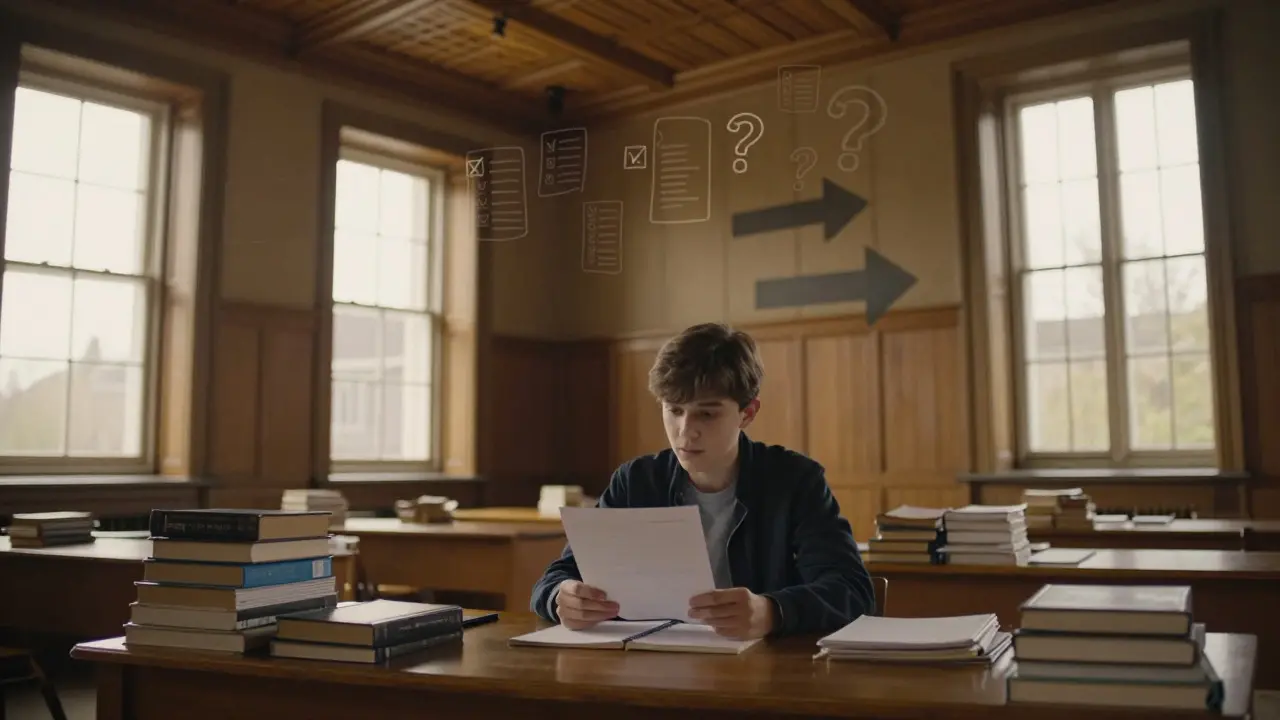 A student studying in a historic UK library, surrounded by books and notes, reflecting on their work.