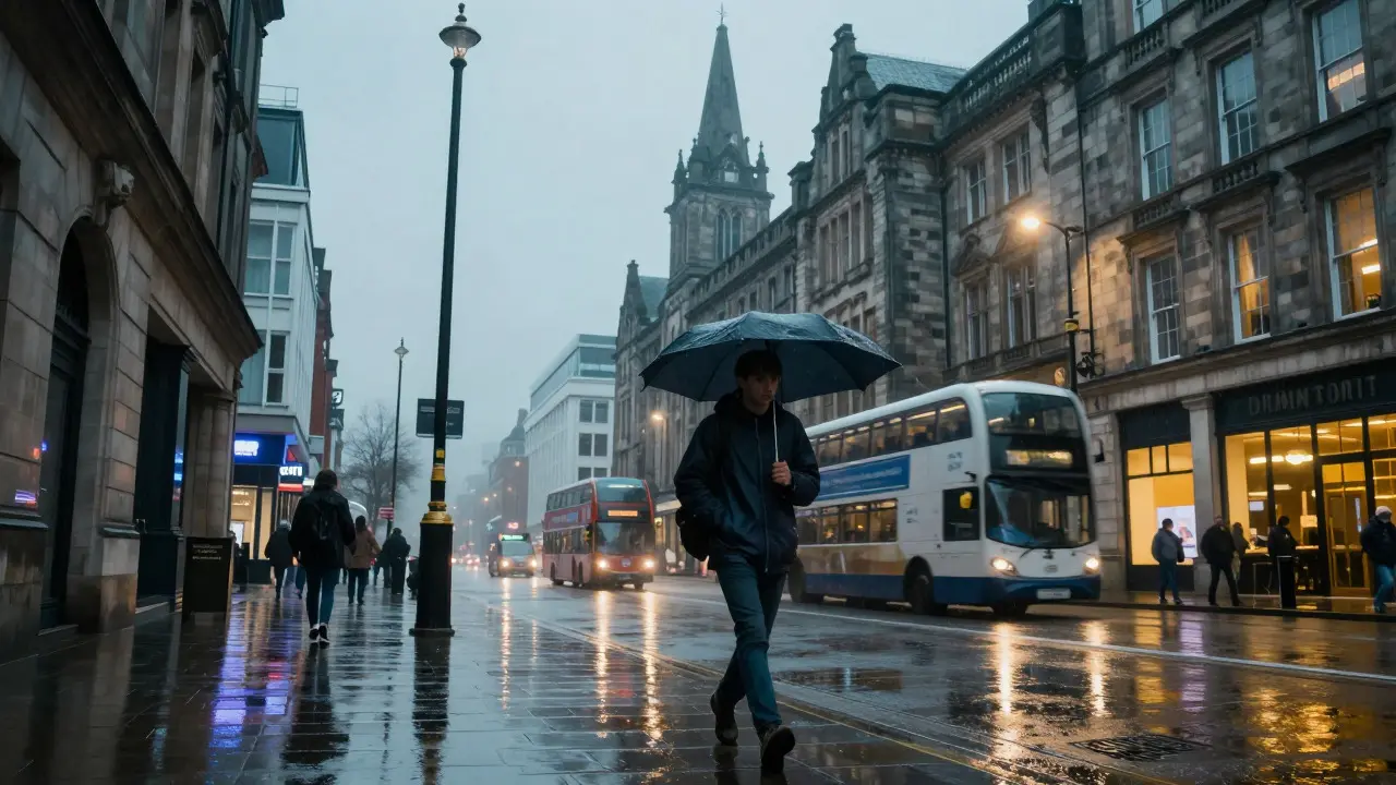 A student walking with an umbrella through a rainy, illuminated city center towards a university