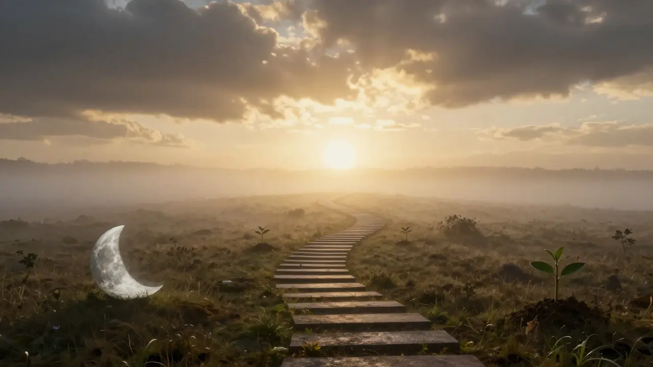 A winding path leading from darkness to a bright horizon
