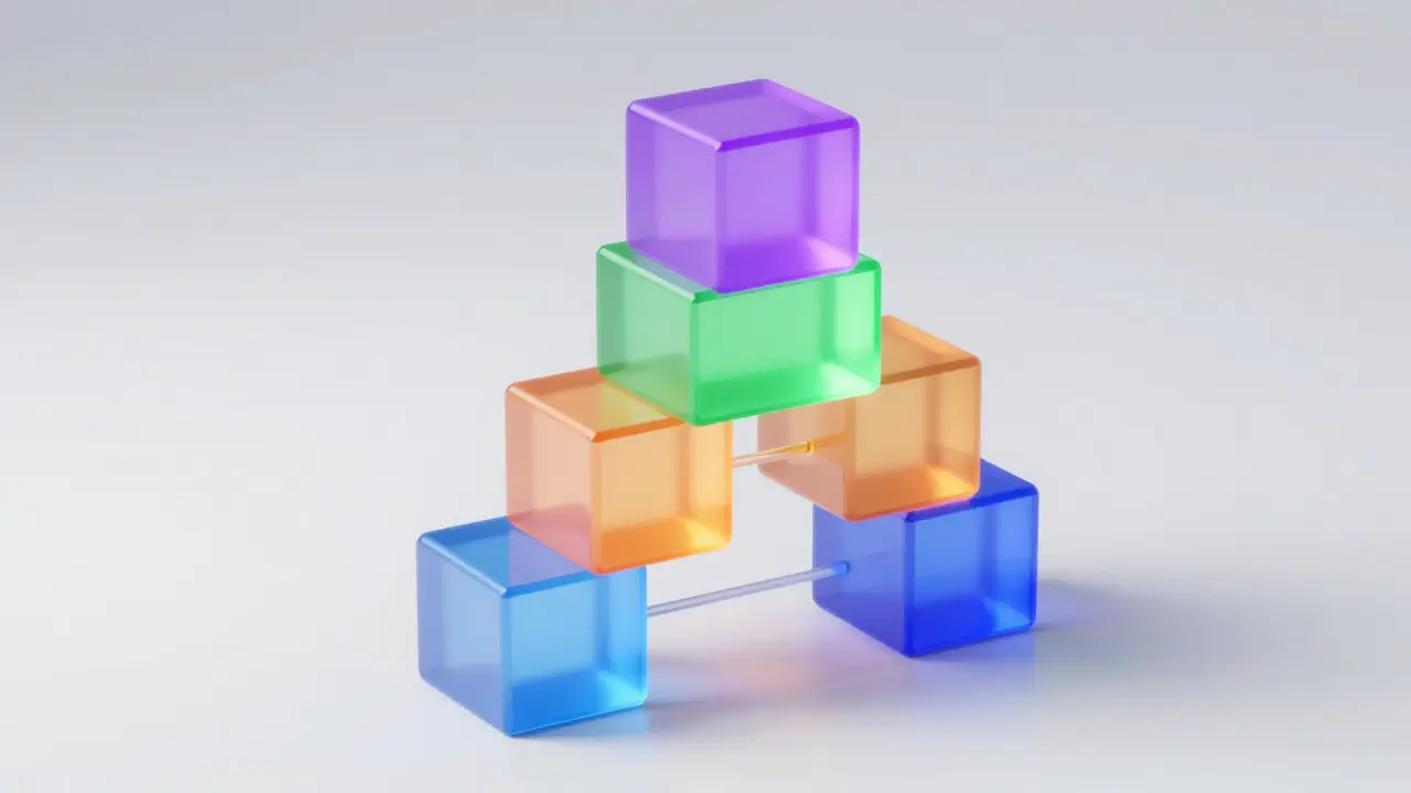 Abstract 3D illustration of four colorful blocks forming a pyramid