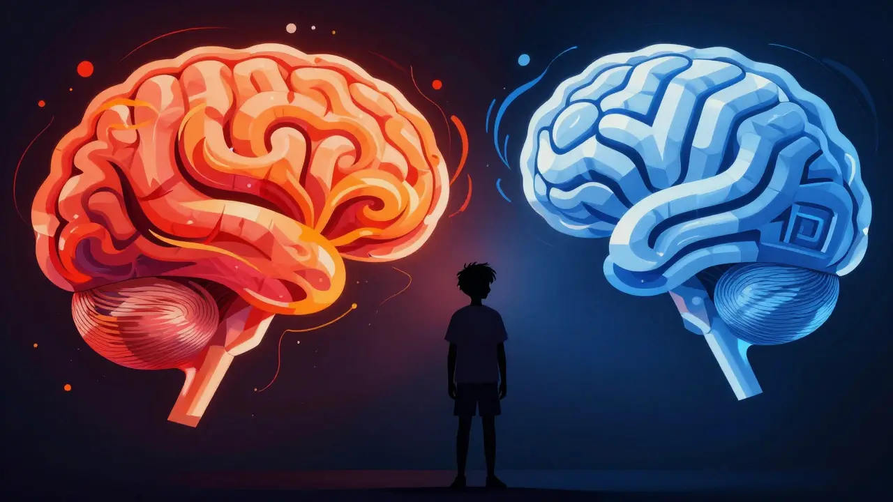 Abstract art showing emotional chaos versus logical structure in the brain