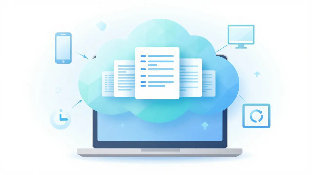 Abstract blue cloud icon floating above a laptop silhouette representing software sync