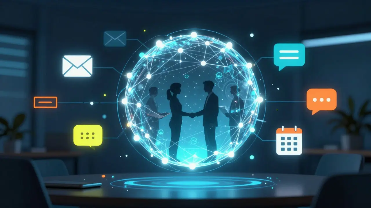Abstract digital illustration of a connected alumni network hub