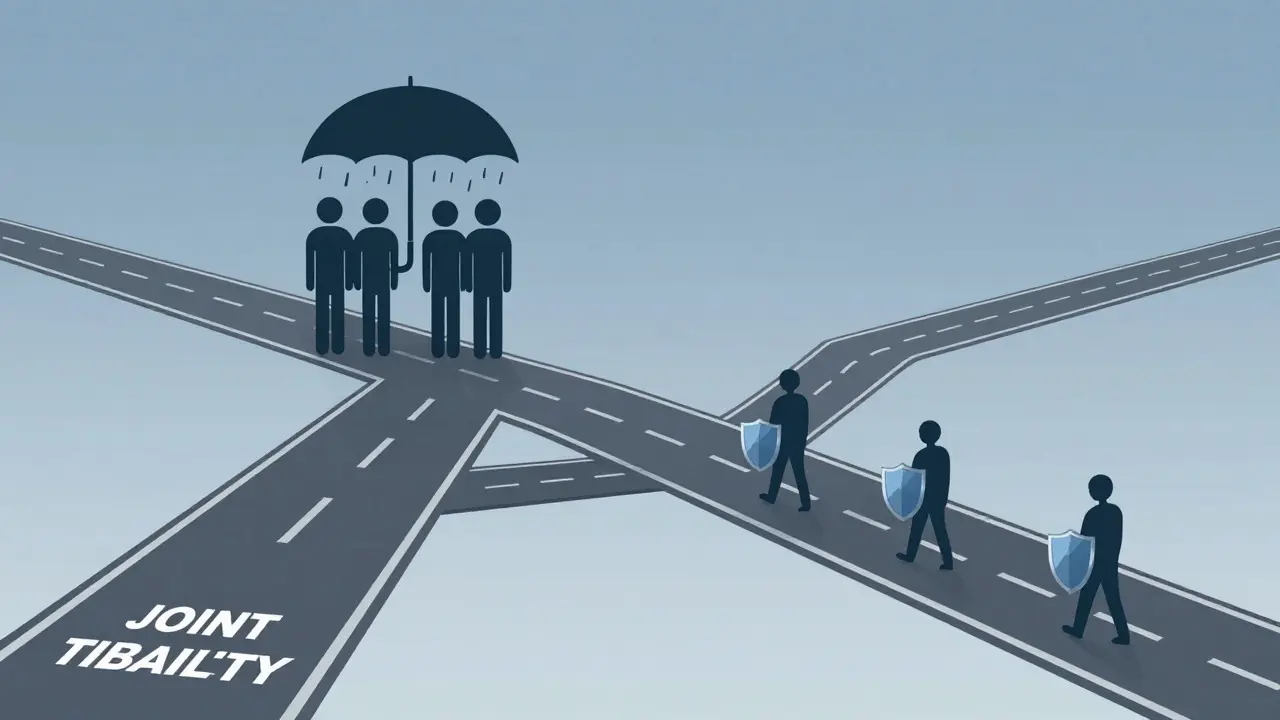 Abstract illustration comparing collective vs individual liability paths for tenants