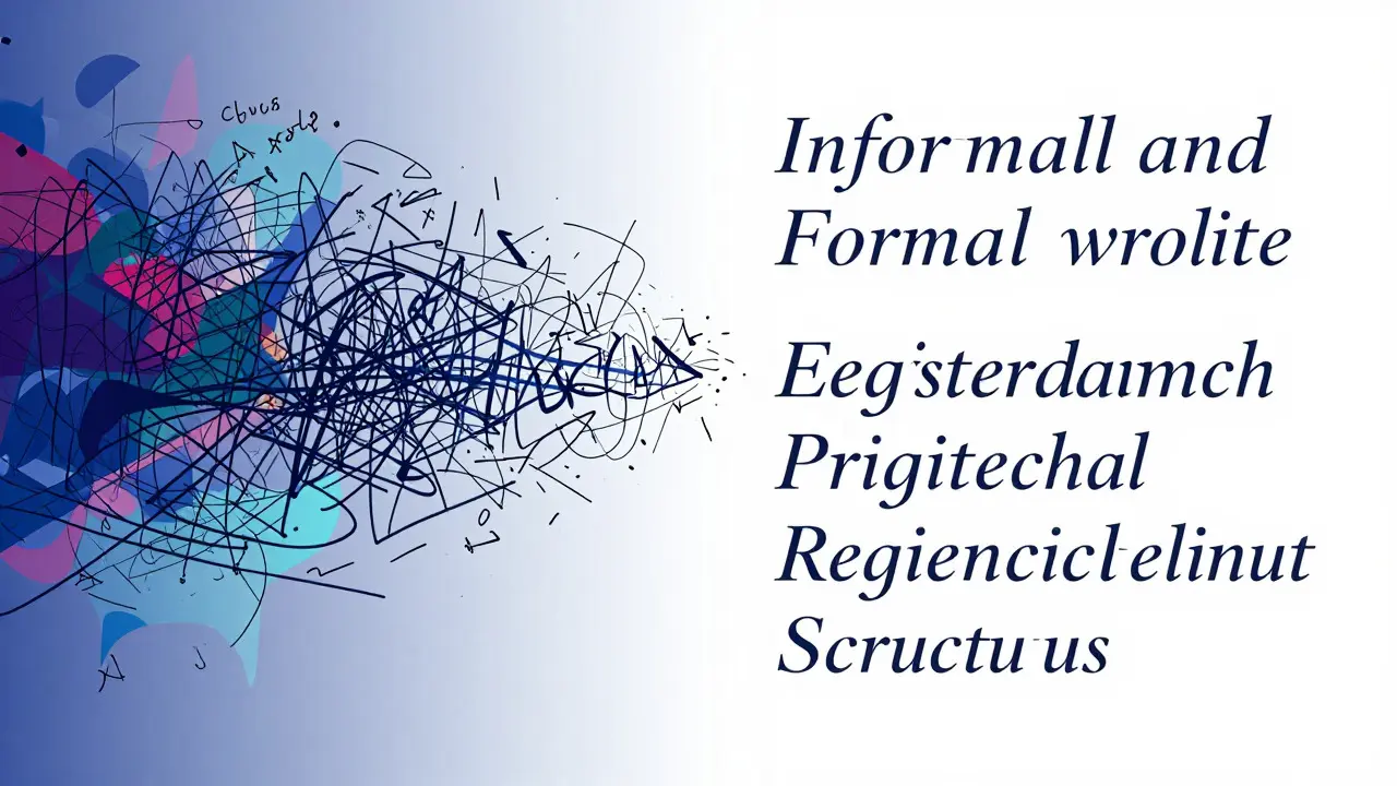Abstract illustration contrasting messy informal writing with structured formal text
