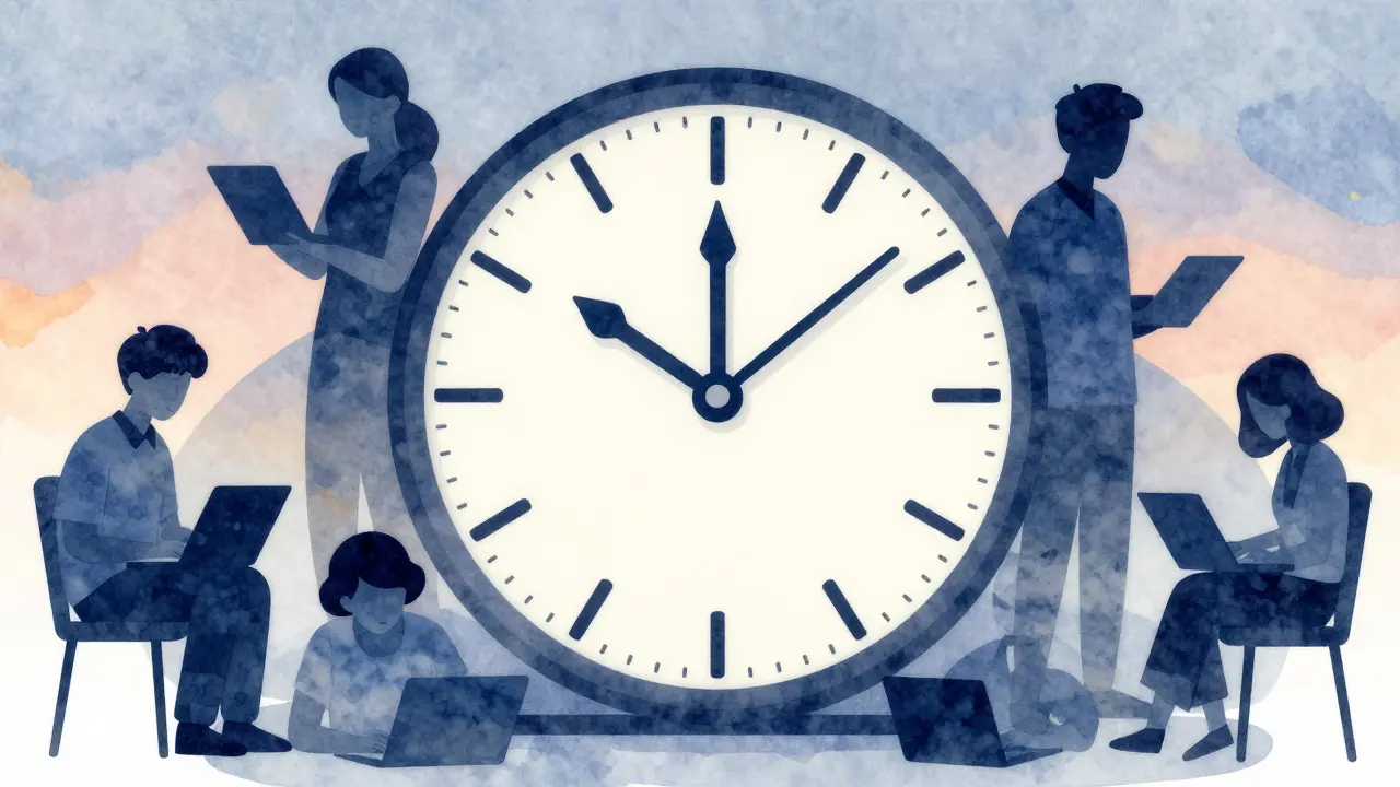 Abstract illustration of a clock and silhouettes representing work-life balance