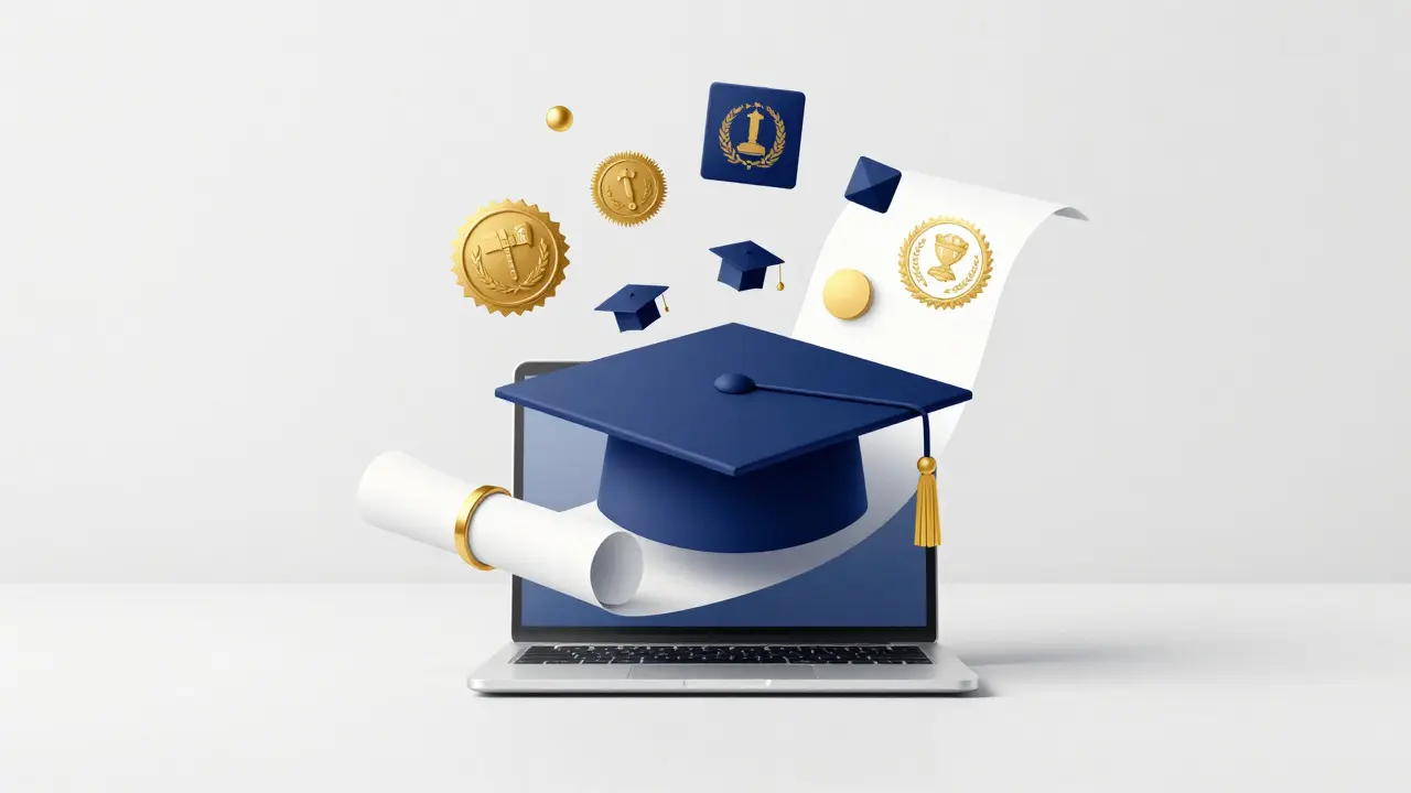 Abstract illustration of a digital graduation cap merging with an accredited diploma scroll