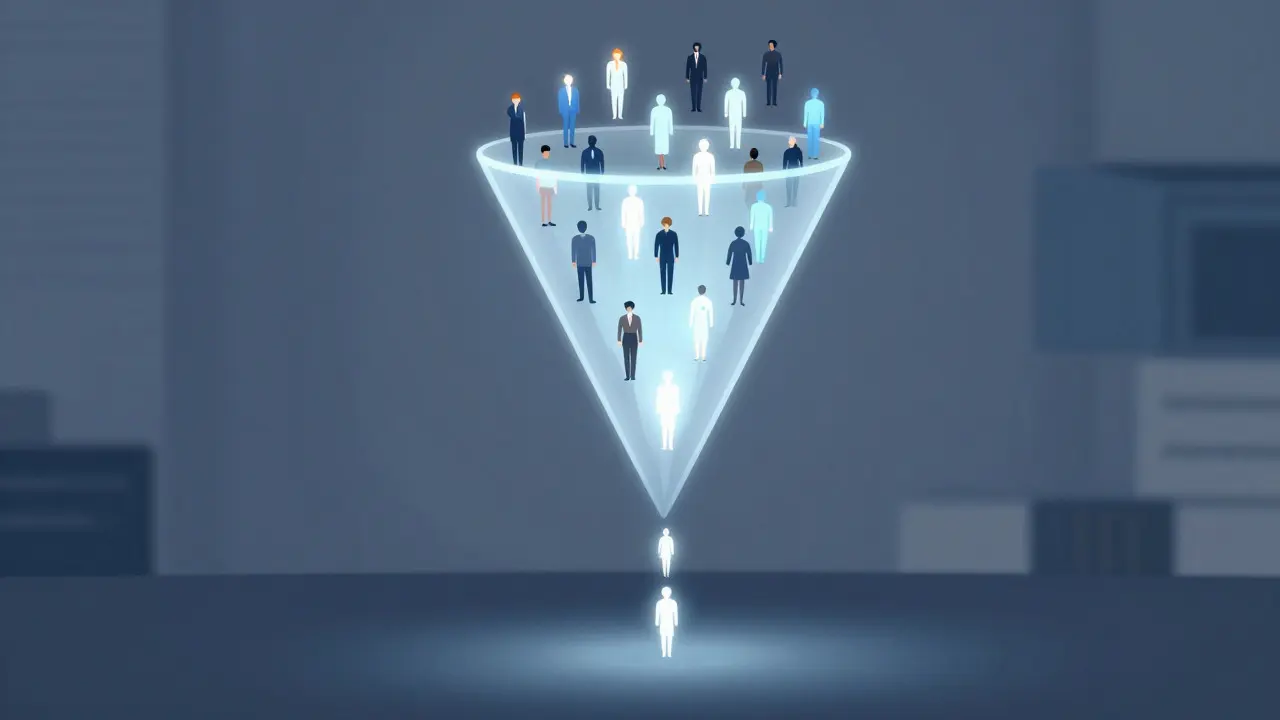 Abstract illustration of a funnel showing decreasing numbers of people