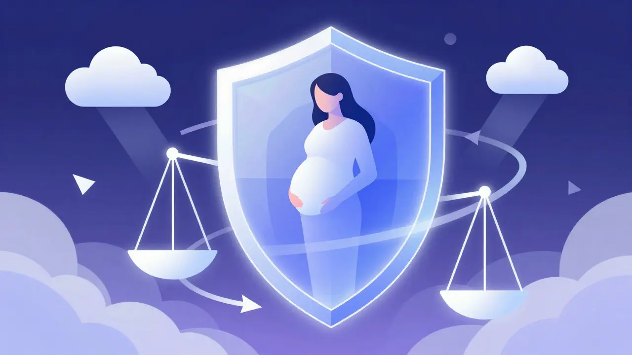Abstract illustration of a pregnant woman protected by a glowing shield of support