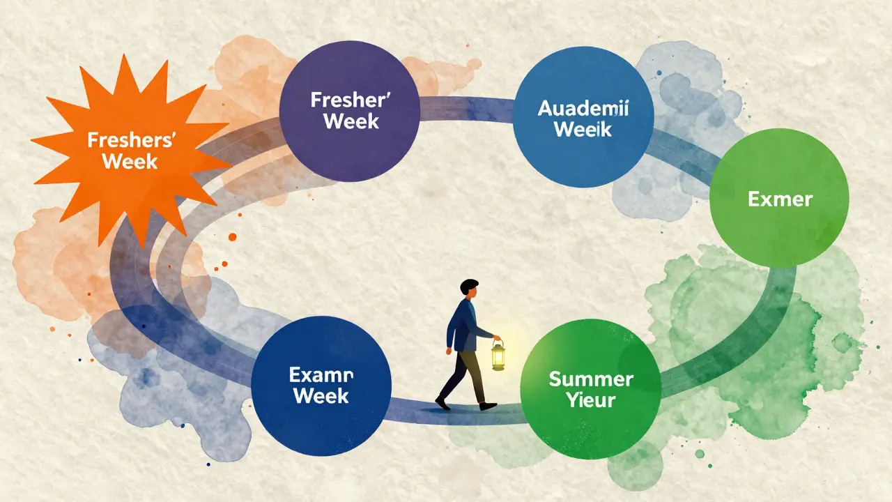 Abstract illustration of a timeline representing the UK academic year