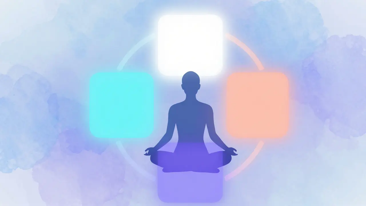 Abstract illustration of box breathing with colored squares around a meditating figure