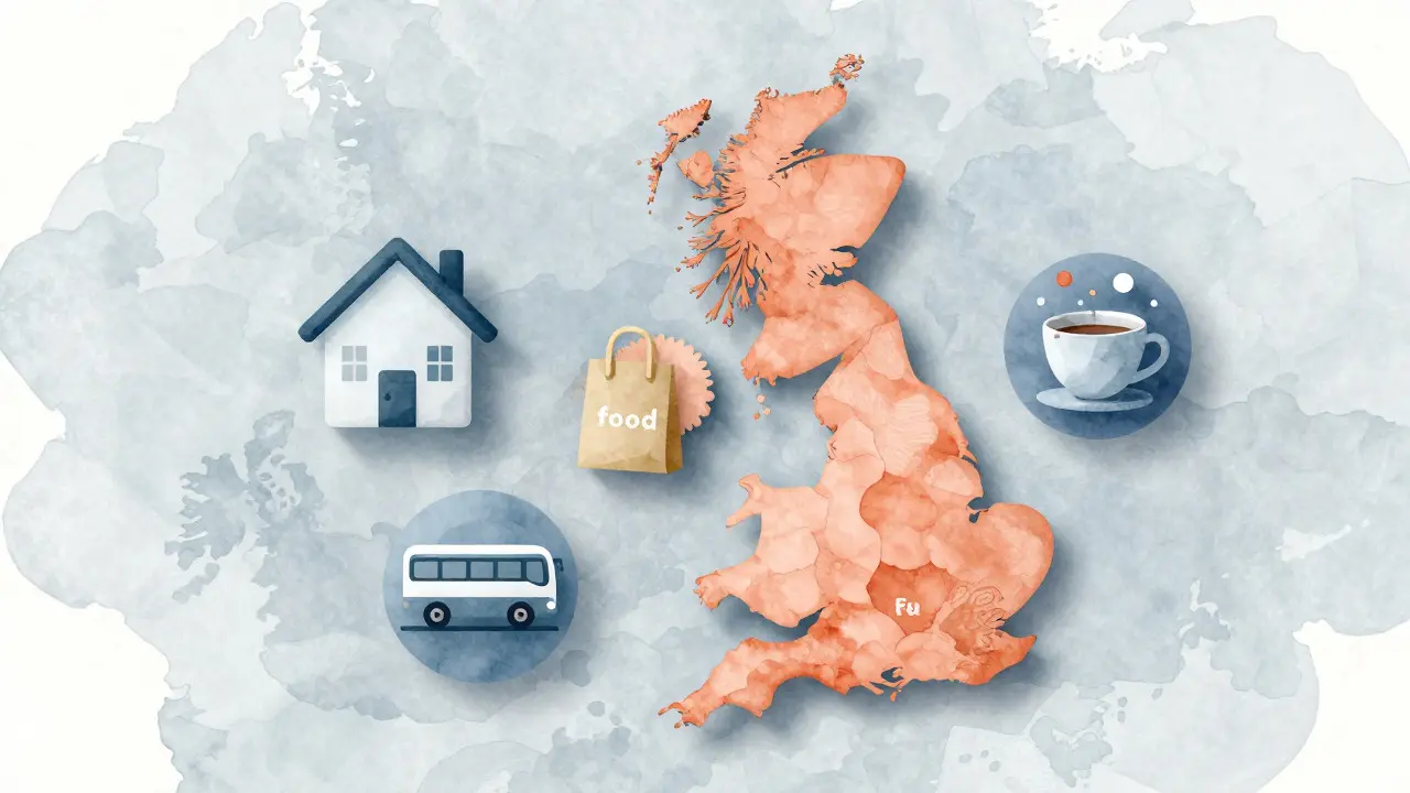 Abstract illustration of student expense categories over a stylized map of the UK
